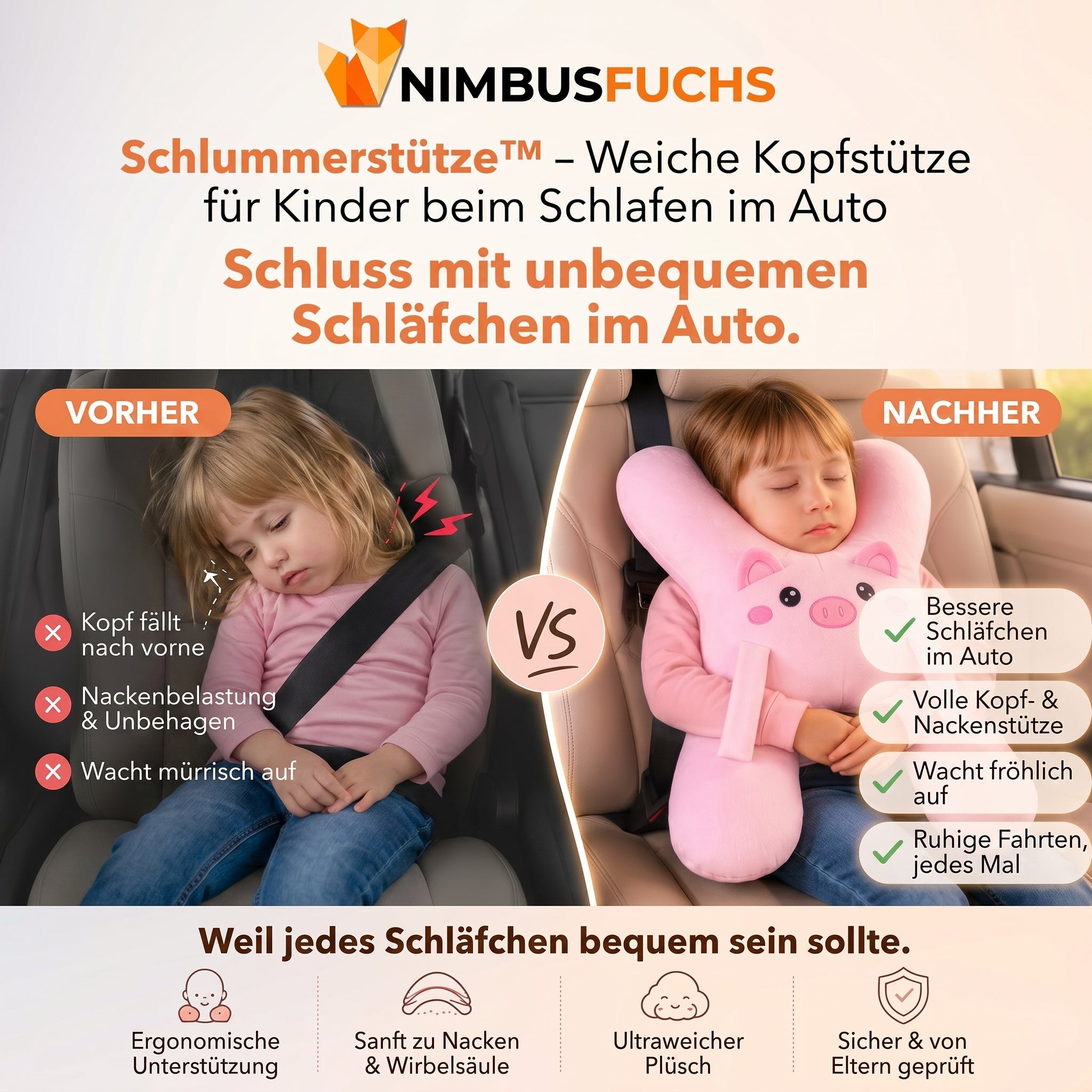 Schlummerstütze™ – Weiche Kopfstütze für Kinder beim Schlafen im Auto