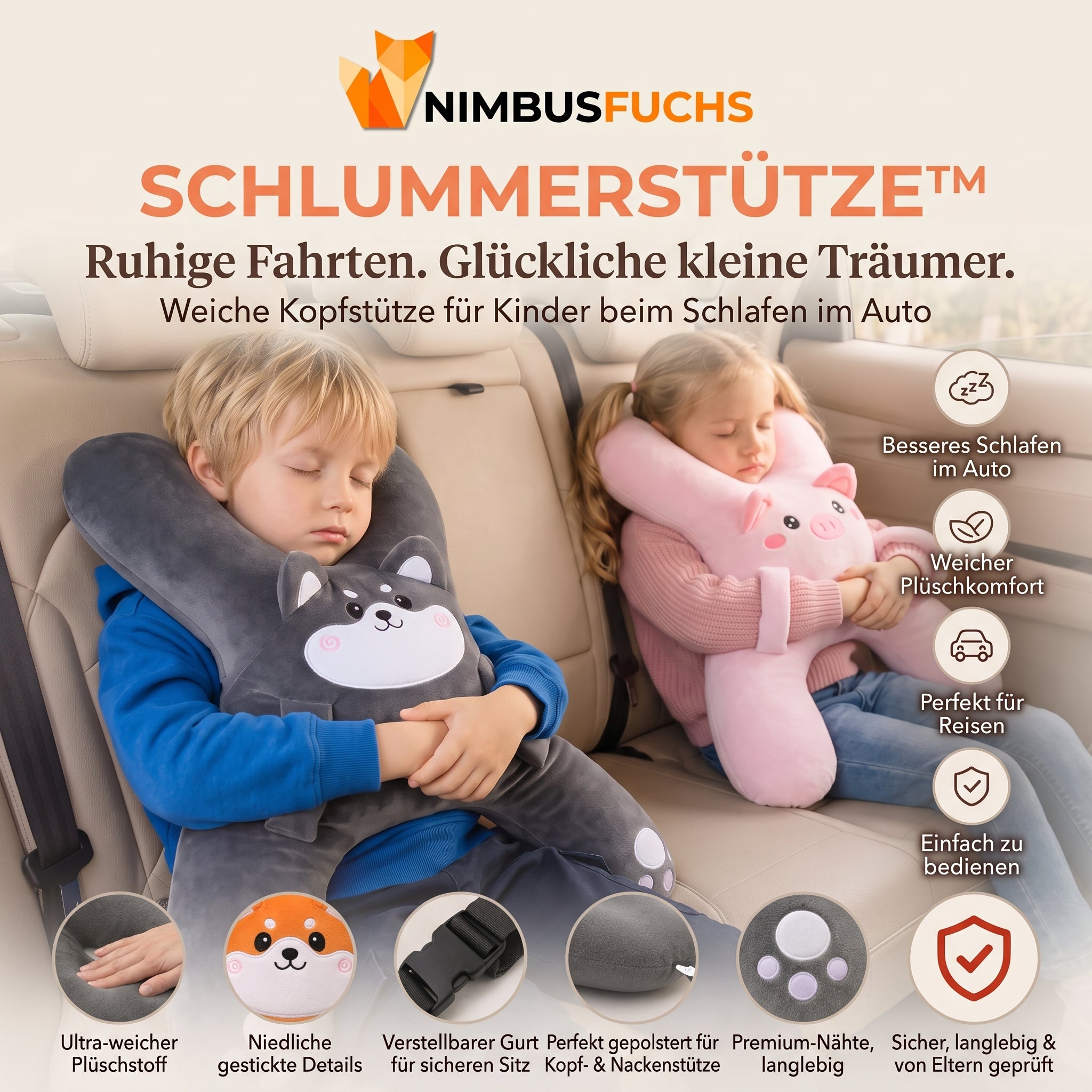 Schlummerstütze™ – Weiche Kopfstütze für Kinder beim Schlafen im Auto
